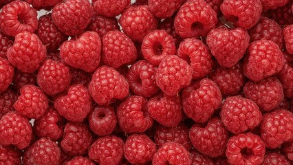Freshly picked red raspberries set on a white surface