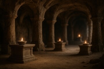 Fototapeta premium Mysterious Ancient Cave Temple with Lit Torches Showing Historic Beauty in a Mysterious Atmosphere with Intricate Architecture and Spiritual Significance