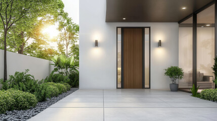 New house with wooden door and empty white wall.