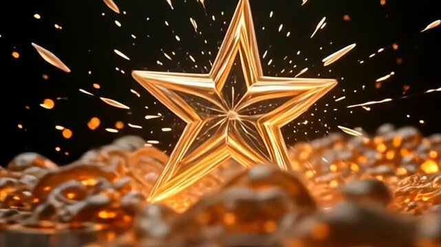 Against a backdrop of shimmering golden hues, opalescent shapes spiral inward, culminating in an explosive release of exploding shards from noise hazy abstract starburst geometry; the