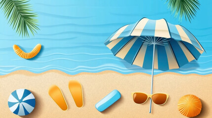 Scene cartoon sea beach, Sun lounger with plastic ball, bag, umbrella on sand beach