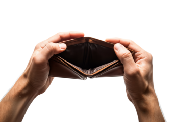 Two hands holding an empty brown wallet with a black interior against a transparent background. The wallet is open, showing no cash or cards inside.