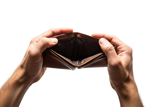 Two hands holding an empty brown wallet with a black interior against a transparent background. The wallet is open, showing no cash or cards inside.