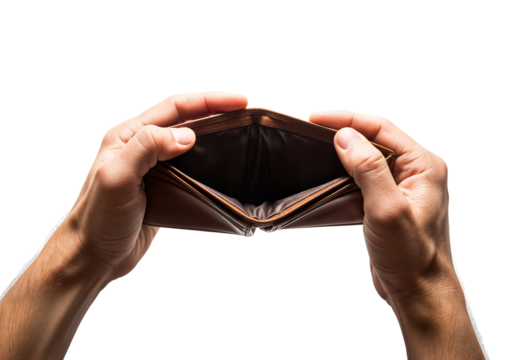 Two hands holding an empty brown wallet with a black interior against a transparent background. The wallet is open, showing no cash or cards inside.
