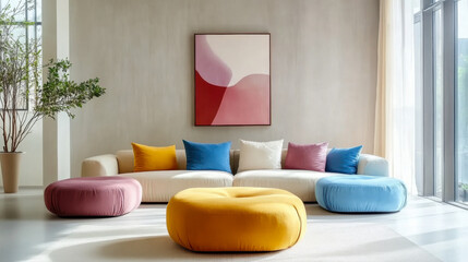 Colorful multicolored sofa concrete wall. Minimalist interior design of modern living room