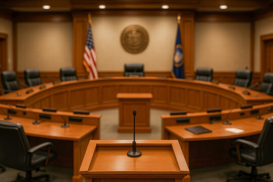 City Council Meeting Chamber With Central Podium and Semi Circular Desks for Members Displaying Flags in Blurred Background