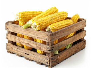 Fresh corn in wooden crate isolated on white background copy space