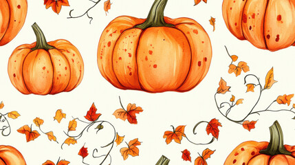 White and yellow pumpkins, orange leaves on white background. Autumn festival invitation