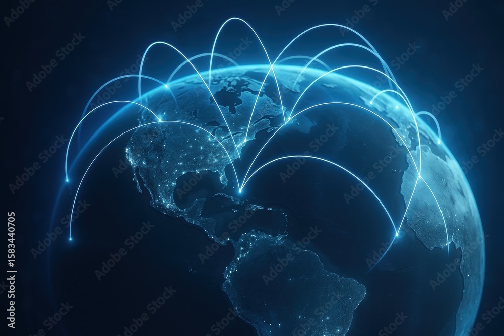 Poster global connectivity: the globe is overlaid with luminous, interconnected lines representing global c