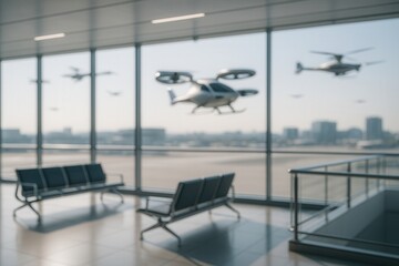 Futuristic Airport Interior with Blurred Background Featuring Innovative Flying Vehicles and Sleek Modern Design for Cutting-Edge Transportation and Technology Concepts
