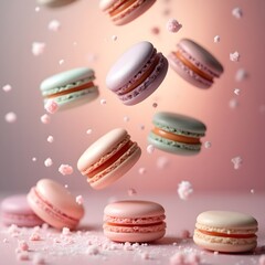 Colorful Macaron Dance Suspended Mid-Air Over Cotton Candy Background in Delightful Dessert Fantasy.
