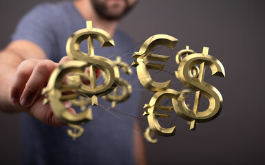 Image depicts a man interacting with digital currency symbols, representing global finance and...