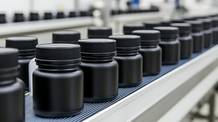 Obraz premium Black bottles aligned on a production line conveyor belt moving forward. Illustrates manufacturing processes and industrial automation.