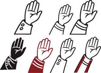 Waving hand icons. Hand gesture as a symbol of hi, hello, or bye. Transparent PNG and vector illustration.hand, hi, waving, friendly, greeting, signs, welcome, illustration, bye, icon, symbol, vector,