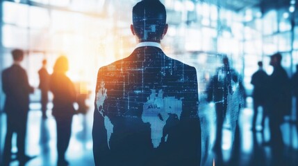 Businessman Standing with Data Visualization Overlay in Modern Office Environment with Blurred Background of Professionals and Digital Elements
