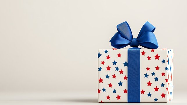 Gift Box with Red and Blue Stars and Ribbon Bow