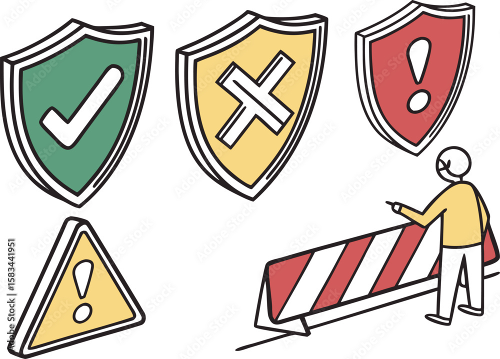 Fototapete safe caution and unsafe icon set. green yellow and red shield with tick cross and caution sign. warn