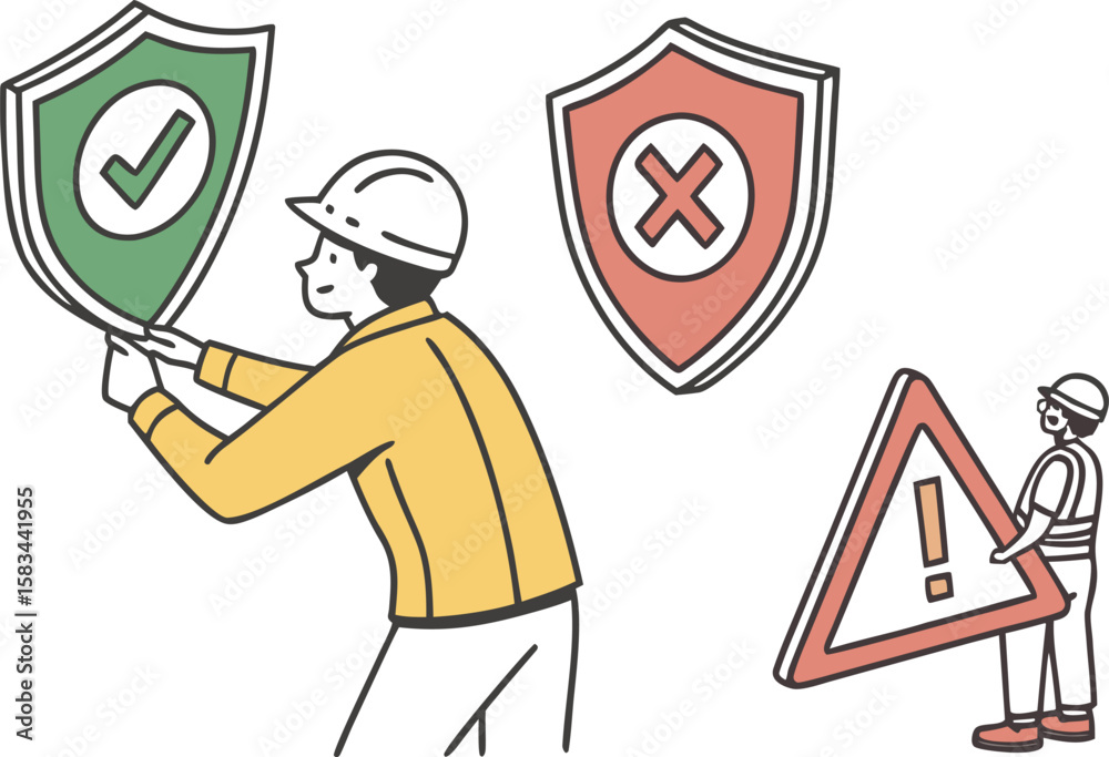 Fototapete safe caution and unsafe icon set. green yellow and red shield with tick cross and caution sign. warn