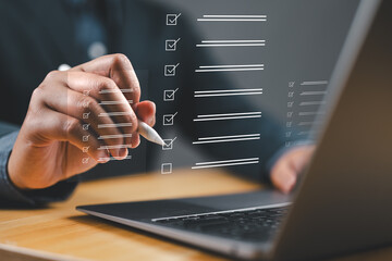 Business performance checklist, businessman checklist survey, filling out digital form checklist,...