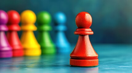 Vibrant Wooden Game Pawns in a Colorful Row on a Blue Gradient Surface, Signifying Strategy, Competition, and Fun in Board Games