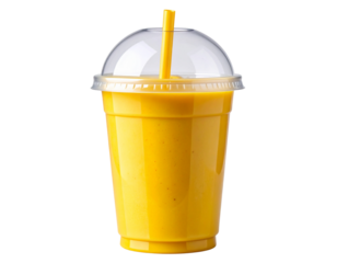 Yellow tropical smoothie in clear plastic cup with dome lid and straw, front view isolated on transparent background PNG
