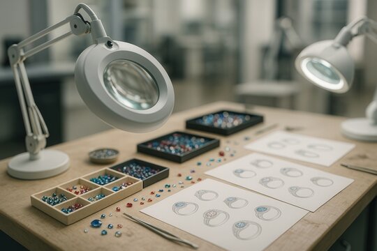 Jewelry Design Studio with Magnifying Lamps, Gem Assortments, and Sketches on Workbench in Blurred Background