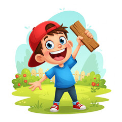 A cheerful cartoon boy with a red cap, holding up a piece of wood in one hand, standing on green grass with flowers and a fence in the background.
