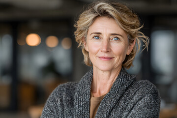 Happy elegant older mature lady posing for portrait standing in office. Beautiful middle aged business woman looking at camera, smiling 45 years old businesswoman leader executive at work.