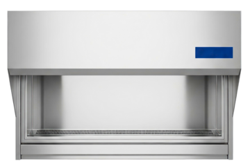 Stainless steel laboratory fume hood with safety sash and ventilation isolated on a transparent background