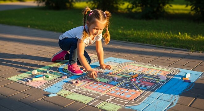 Little girl drawing a city road with chalk on the sidewalk creates imaginative artwork in an urban