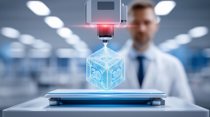 3D printer operates to produce a holographic cube in high-tech laboratory. Clean, modern space with...