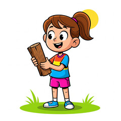 A happy girl holds a piece of wood with both hands, standing on green grass under a bright sun with a joyful expression.