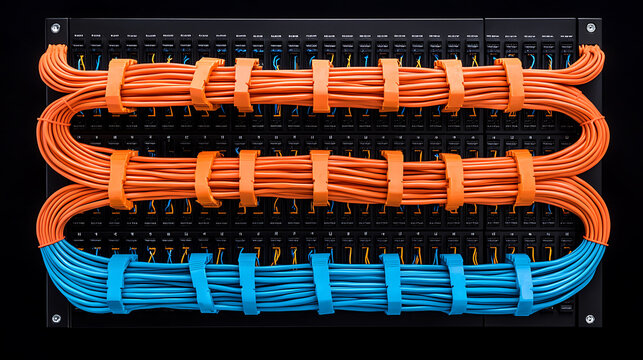Network cables organized neatly in a server rack with orange and blue ties for efficient connectivity and data management.