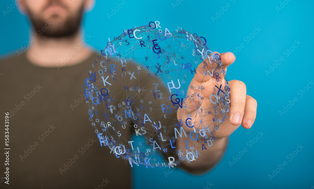 Poster abstract image of a person interacting with a sphere of letters, representing knowledge and communic