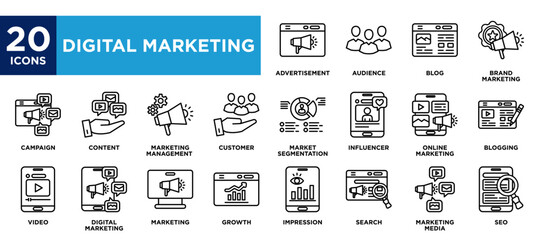 Digital marketing icon collection set. containing design advertisement,content,online marketing,SEO,audience