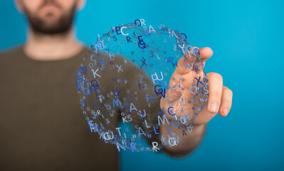 Abstract image of a person interacting with a sphere of letters, representing knowledge and...