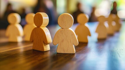Wooden figure people standing on a table with blurred background, representing community, connection, interaction, and teamwork in a modern workspace