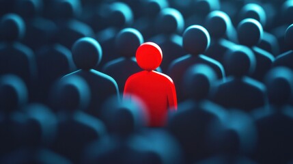 Distinctive Red Figure Surrounded by Blue Crowd in Artistic Representation of Individuality and Uniqueness in a Sea of People