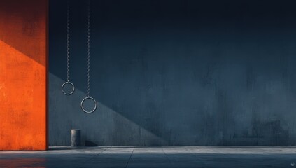Empty gym with rusty orange wall and gym rings