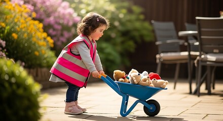 A toddler pulls a blue wheelbarrow filled with plush toys in a vibrant garden setting
