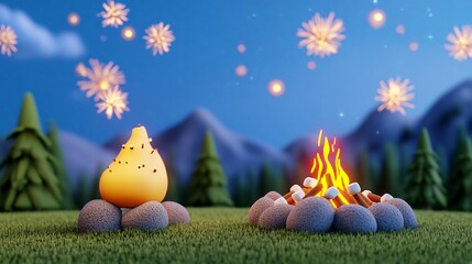 Glowing Object and Campfire under Starry Night Sky with Fireworks