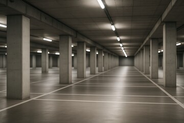 Fototapeta premium Sleek Underground Parking Interior with Blurred Background Featuring Concrete Columns and Modern Lighting in Urban Setting