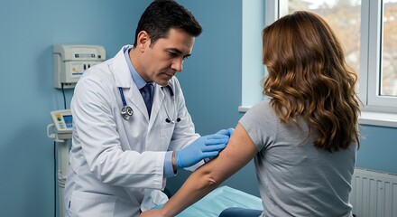 Obraz premium A doctor examines a patient's arm in a medical office, looking for symptoms.