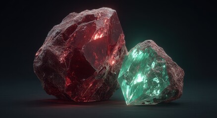 Two luminous, raw gemstones, red and teal, on dark background
