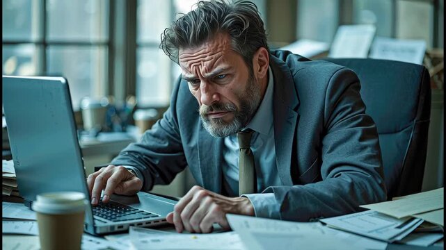 Stressed businessman on phone surrounded by stacks of paperwork in a busy corporate office