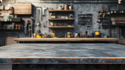 Blank rough metal workshop and desk table surface on blurred garage background with copy space, Empty space for your products and crafty idea in man cave studio.