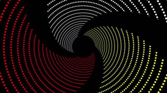 Background pattern of 3 circular dotted lines with red, white, yellow colors, circular centered, rotating. abstract