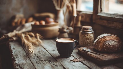 Cozy Bakery Scene with Coffee and Fresh Bread on Vintage Wooden Table Accentuated by Natural Light