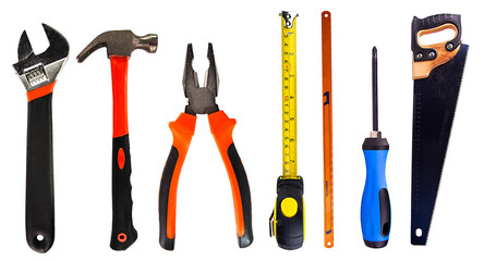 Set of hand various work tools on transparent background. Top view.
