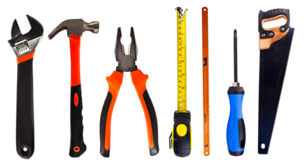 Set of hand various work tools on transparent background. Top view.